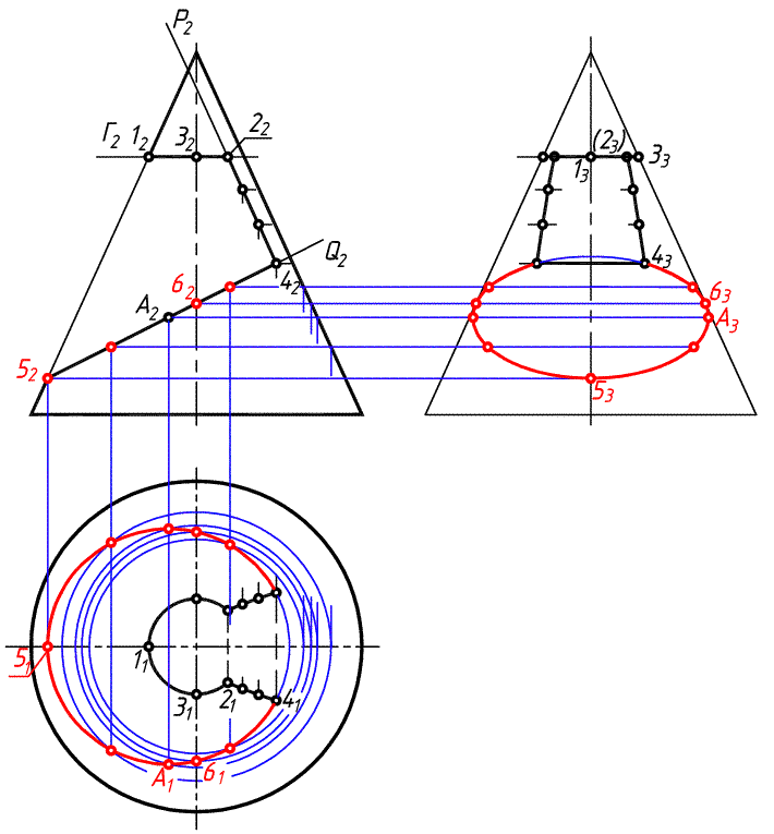Чертеж усеченного конуса в трех проекциях