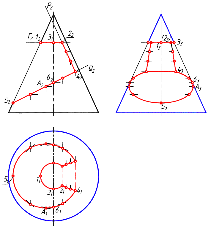 Чертеж усеченного конуса в трех проекциях