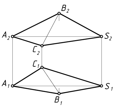Видимость ребер и граней шестигранной наклонной пирамиды правильно определена на чертеже